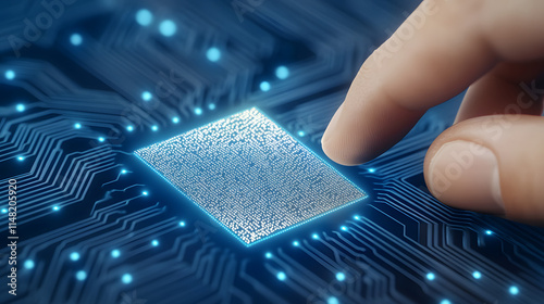 Realistic close-up of a finger touching a chip on a circuit board, symbolizing technology, innovation, and precision, capturing the intricate details of digital components and the connection between h