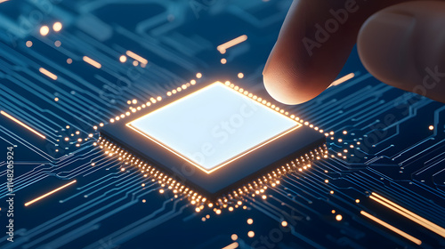 Realistic close-up of a finger touching a chip on a circuit board, symbolizing technology, innovation, and precision, capturing the intricate details of digital components and the connection between h