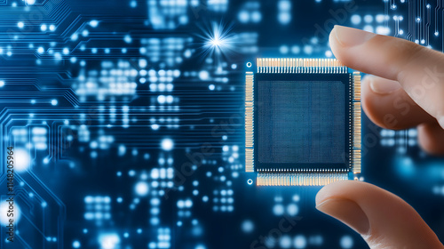 Realistic close-up of a finger touching a chip on a circuit board, symbolizing technology, innovation, and precision, capturing the intricate details of digital components and the connection between h