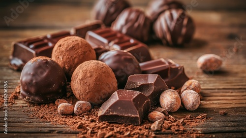 Delicious Assortment of Chocolate Treats on Rustic Wooden Surface Featuring Candy, Truffles, Cocoa Powder, and Cacao Beans Perfect for Confectionery Lovers