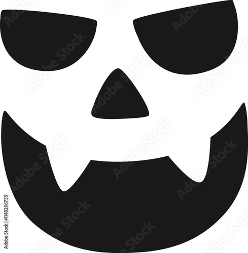 Minimalist vector illustration of a halloween pumpkin face with a scary expression, showing pointed teeth and slanted eyes, ideal for halloween decoration