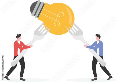 Sharing idea or knowledge sharing, transfer information or wisdom to employees or colleagues, creativity or innovation, learning new skills concept, business people transfer idea to new lightbulb.

