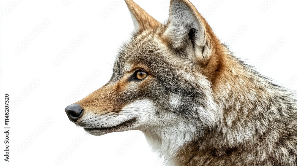 Obraz premium Detailed Profile of a Wolf with Distinctive Fur Patterns and Expressive Eyes Against a Clean White Background for Wildlife Photography Use