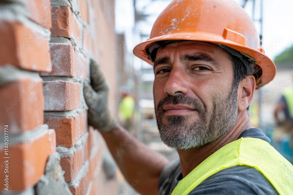 A skilled mason meticulously laying bricks on a construction site, showcasing craftsmanship and dedication to quality in building structures and enhancing communities. A skilled mason meticulously laying bricks on a construction site, showcasing craftsmanship and dedication to quality in building structures and enhancing communities.