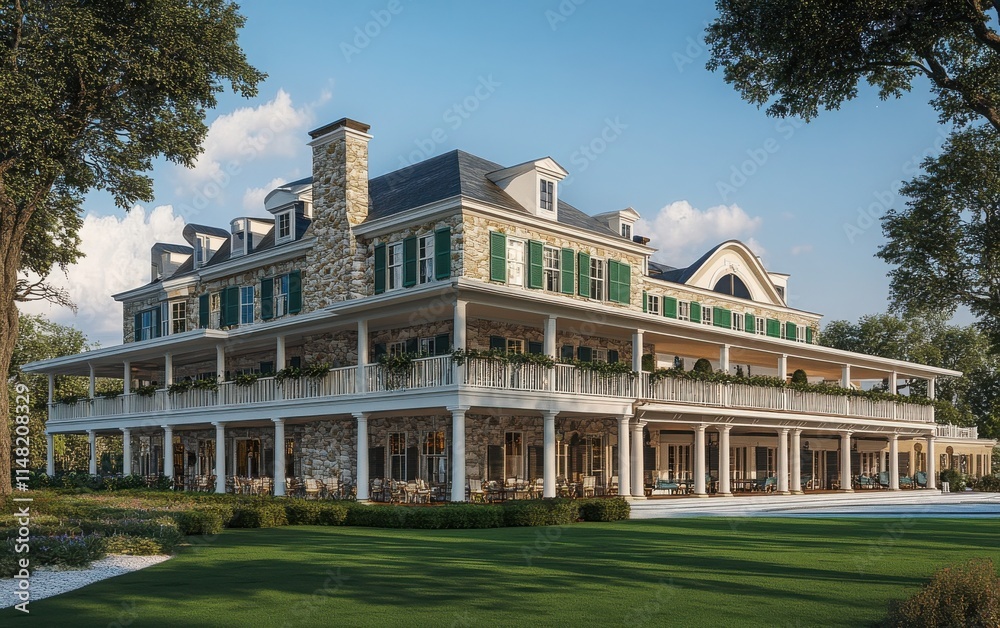 Exterior view of the newly opened Ocean House in Harrisonia, designed in American country style, featuring a stone facade Exterior view of the newly opened Ocean House in Harrisonia, designed in American country style, featuring a stone facade