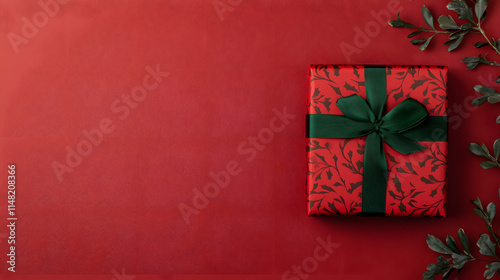 A red gift box with a green ribbon, symbolizing the festive spirit of Christmas, beautifully wrapped for holiday celebrations, evoking feelings of joy, warmth, and the excitement of giving and receivi