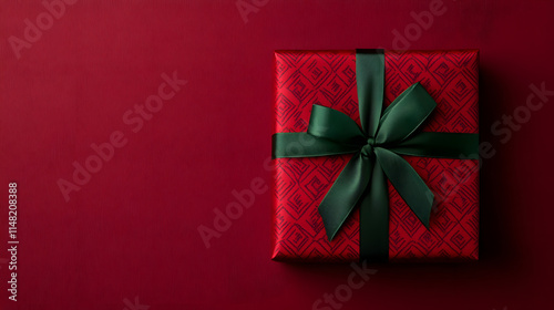 A red gift box with a green ribbon, symbolizing the festive spirit of Christmas, beautifully wrapped for holiday celebrations, evoking feelings of joy, warmth, and the excitement of giving and receivi
