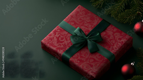 A red gift box with a green ribbon, symbolizing the festive spirit of Christmas, beautifully wrapped for holiday celebrations, evoking feelings of joy, warmth, and the excitement of giving and receivi