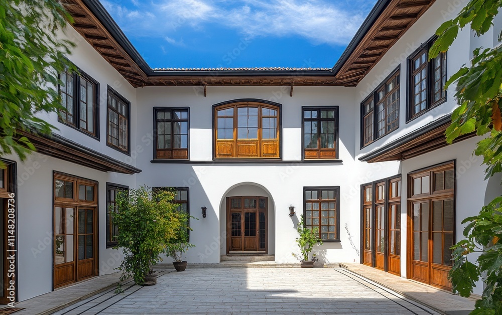 Fototapeta premium The modernized exterior of a two-story house with white walls, black tiles, and wooden windows, surrounded by a courtyard landscape