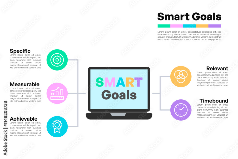 SMART Goals Diagram with Laptop and Colorful Element Icons SMART Goals Diagram with Laptop and Colorful Element Icons