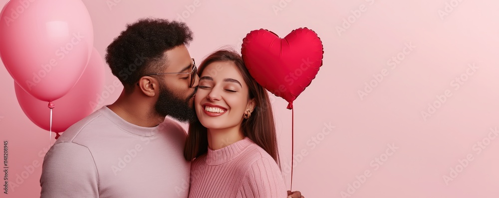 Romantic couple kissing under a red heart balloon with fairy lights. Valentines Day, wedding, engagement, anniversary, and love concept. Romantic couple kissing under a red heart balloon with fairy lights. Valentines Day, wedding, engagement, anniversary, and love concept.