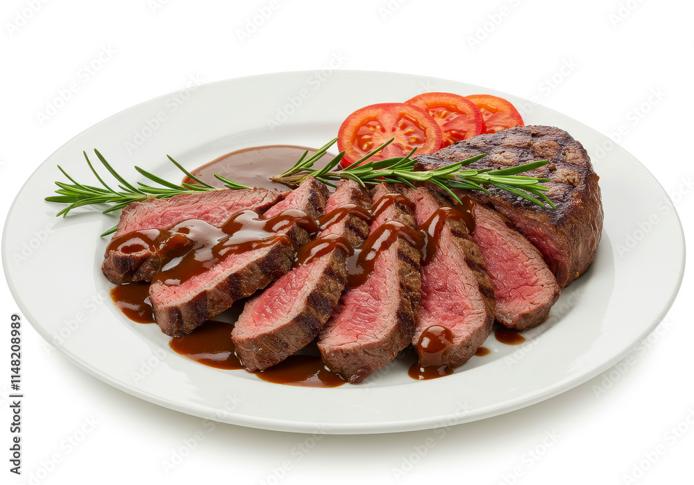 Grilled Beef Steak with Sauce, Tomatoes, and Rosemary – Top View on White Background Grilled Beef Steak with Sauce, Tomatoes, and Rosemary – Top View on White Background