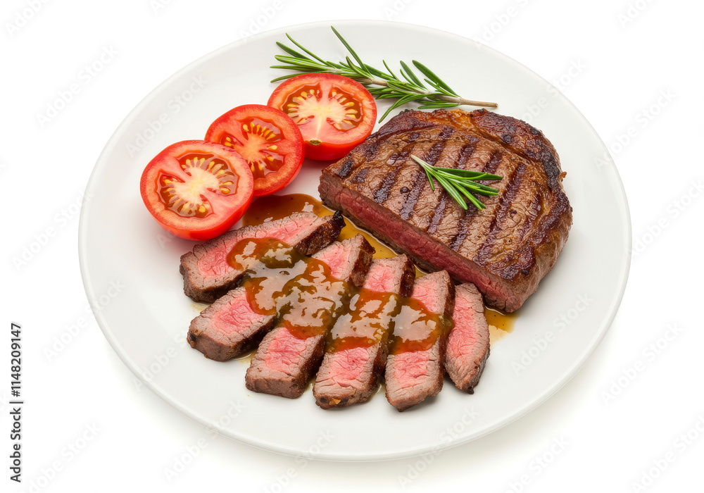 Grilled Beef Steak with Sauce, Tomatoes, and Rosemary – Top View on White Background Grilled Beef Steak with Sauce, Tomatoes, and Rosemary – Top View on White Background