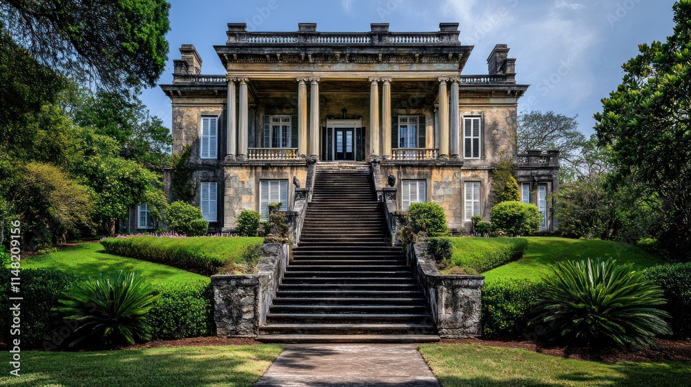 Grandiose historic mansion with a wide staircase, lush landscaping, and classical architecture. Grandiose historic mansion with a wide staircase, lush landscaping, and classical architecture.