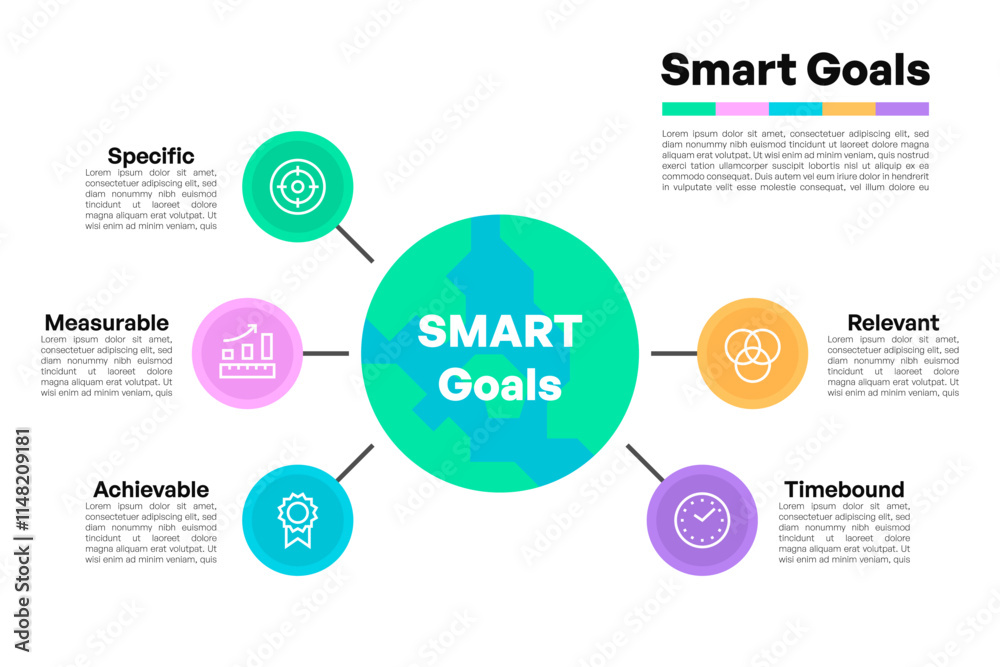 SMART Goals Infographic with Globe and Circular Icons SMART Goals Infographic with Globe and Circular Icons