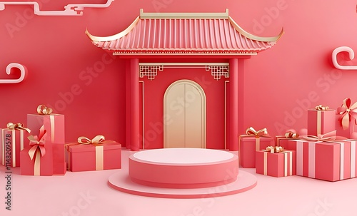 Red Chinese-style pavilion with gifts and podium.