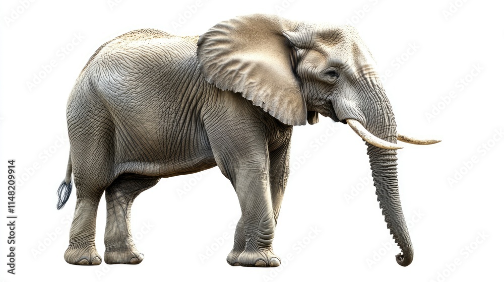 Fototapeta premium Majestic African Elephant Standing Gracefully on White Background, Showcasing Unique Features and Detailed Texture of Skin, with Emphasis on Size and Power of this Iconic Animal
