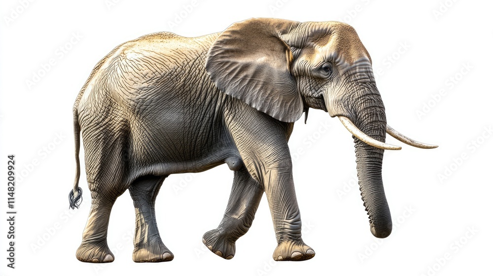 Fototapeta premium Majestic African Elephant Walking Gracefully, Highlighting Its Unique Features and Natural Beauty Against a Clean White Background