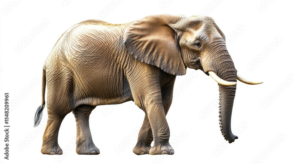 Obraz premium Realistic Representation of a Majestic Elephant with Detailed Skin Texture and Graceful Stance on a White Background for Educational and Creative Purposes