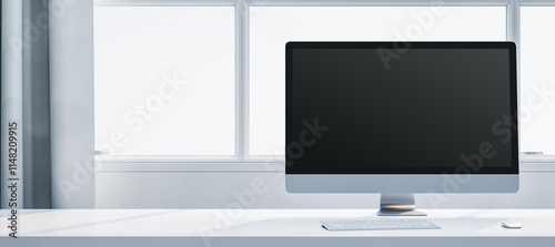 Foto Minimalistic desktop setup with a black screen monitor, keyboard, and mouse on a white table near a window with curtains