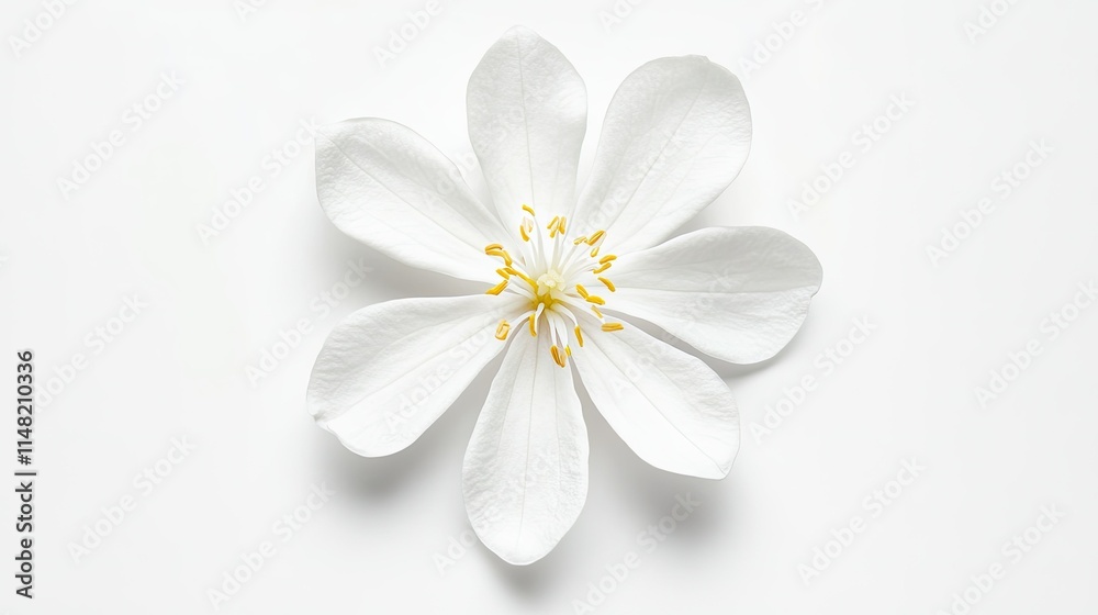 Delicate White Flower with Yellow Stamen on Plain Background Showcasing Natural Beauty and Elegance in Minimalistic Floral Composition for Stock Photography Use Delicate White Flower with Yellow Stamen on Plain Background Showcasing Natural Beauty and Elegance in Minimalistic Floral Composition for Stock Photography Use
