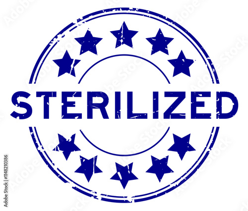 Grunge blue sterilized word with star icon round rubber seal stamp on white background