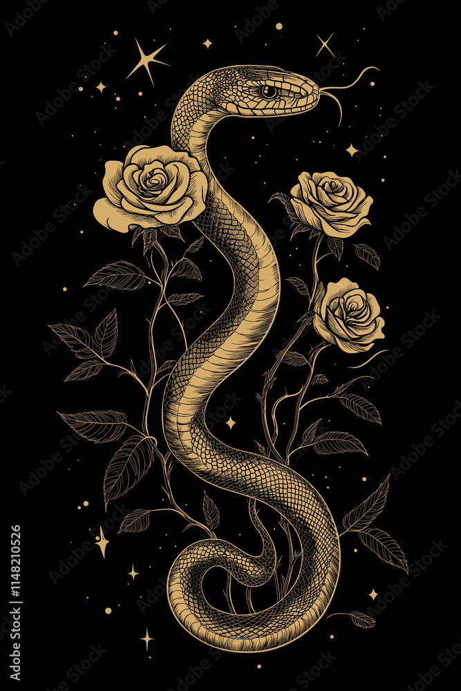 Obraz premium Minimalistic Flat Vector Line Art Snake Roses