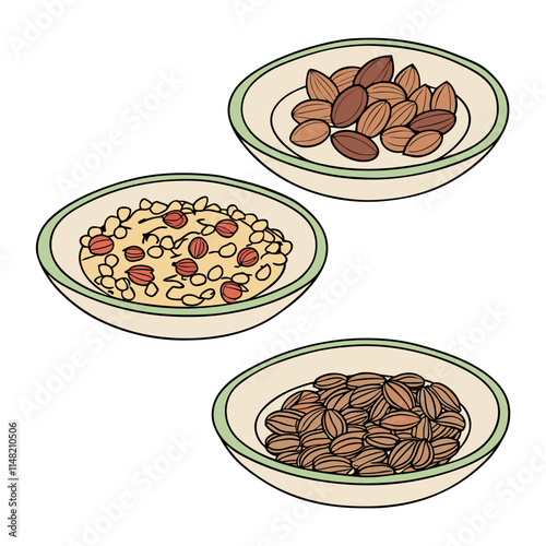Assorted Dry Food in Bowls with Nuts, Seeds and Almonds