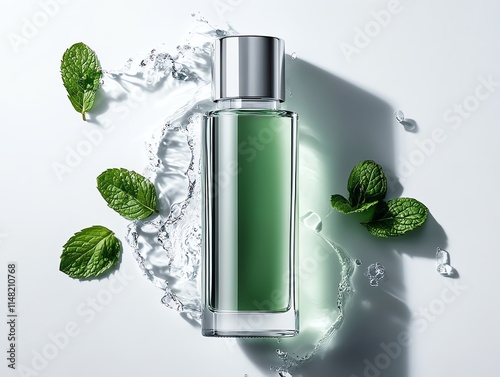 A blemish control toner bottle amidst water splashes and fresh mint leaves
