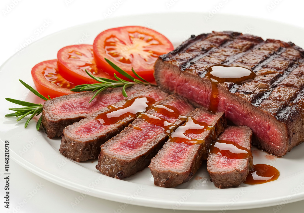 Grilled Beef Steak with Sauce, Tomatoes, and Rosemary – Top View on White Background Grilled Beef Steak with Sauce, Tomatoes, and Rosemary – Top View on White Background