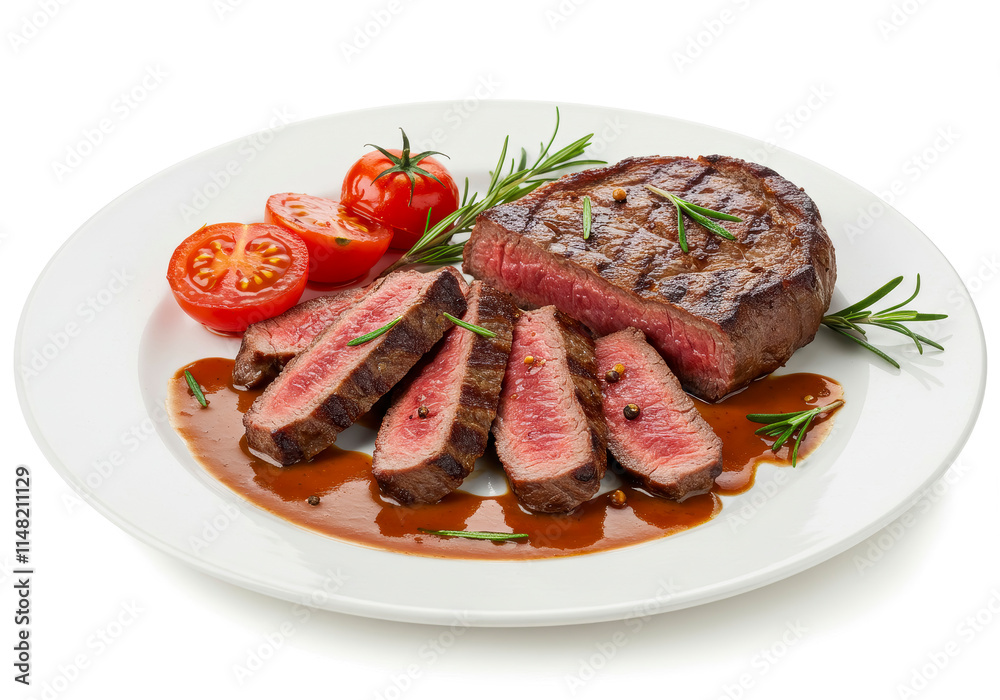 Grilled Beef Steak with Sauce, Tomatoes, and Rosemary – Top View on White Background Grilled Beef Steak with Sauce, Tomatoes, and Rosemary – Top View on White Background