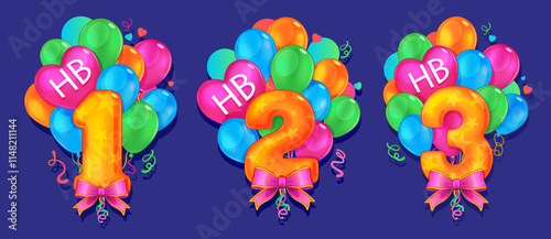 Cartoon colorful balloons set with number one, two, three. Colored illustration for decorating a party of a holiday of a children's annuversary