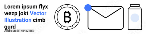 Bitcoin symbol, envelope, and milk carton reflect digital finance, email communication, and everyday life. Ideal for financial tech, digital communication, daily lifestyle, modernization, minimalism