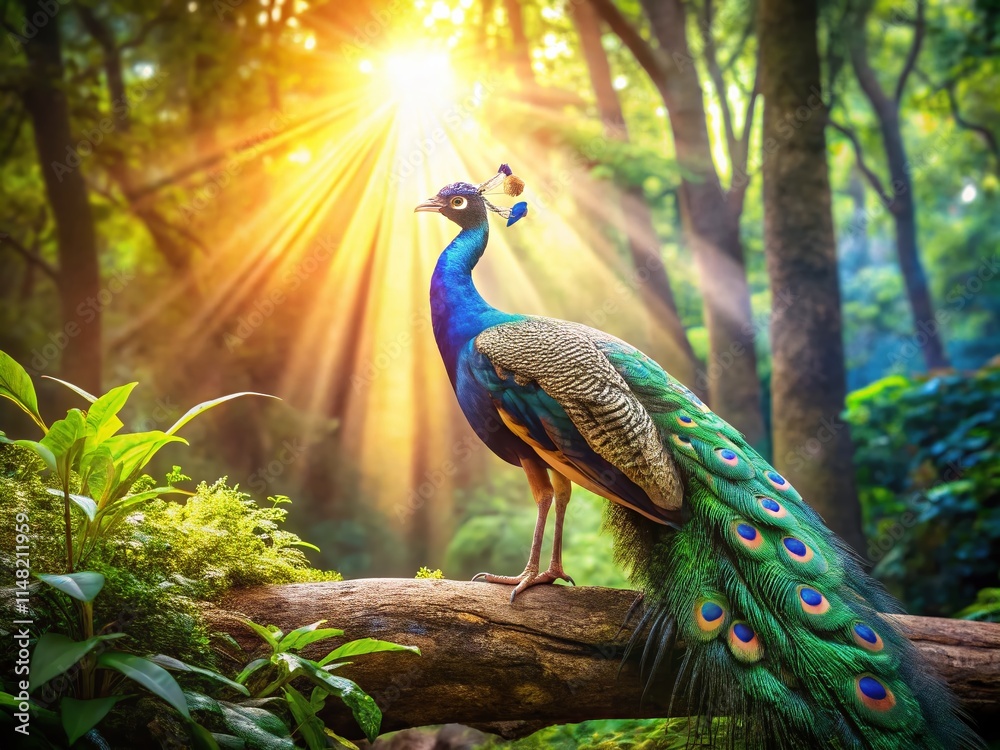 Obraz premium Majestic Peacock Fantasy Forest Sunlight Enchanted Bird Feathers Plumage Green Rays