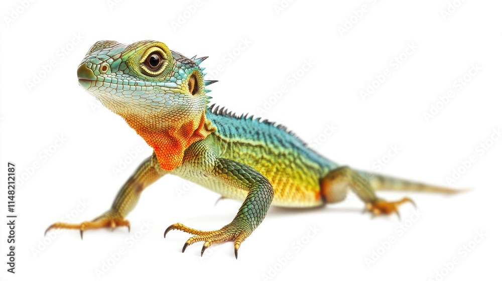 Vibrant Lizard with Colorful Scales Displaying Its Unique Texture and Features Against a Clean White Background Vibrant Lizard with Colorful Scales Displaying Its Unique Texture and Features Against a Clean White Background