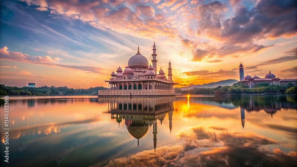 Fototapeta premium Majestic Putra Mosque & Putrajaya Lake Double Exposure: Breathtaking Malaysian Landmark