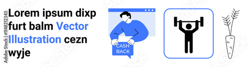Man receiving cashback on computer, a weightlifter icon, and a carrot symbolize finance, fitness, health. Ideal for digital finance, health apps, fitness blogs, educational materials, online ads