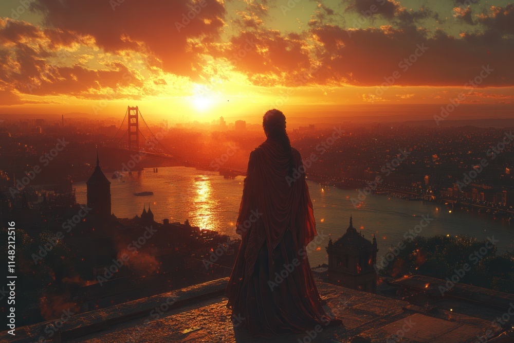 A figure in a flowing robe overlooks a sunset over a cityscape and river. A figure in a flowing robe overlooks a sunset over a cityscape and river.