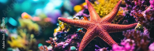 Red starfish on vibrant coral reef. photo