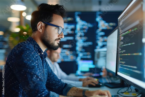 A focused programmer works on code at dual monitors in a modern office environment, surrounded by colleagues and digital data.