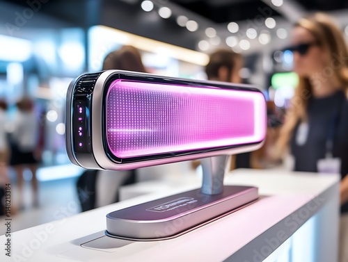 A futuristic acne zapper device showcased on a glowing display
