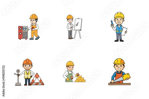 Set of Construction engineer working activities vector illustration