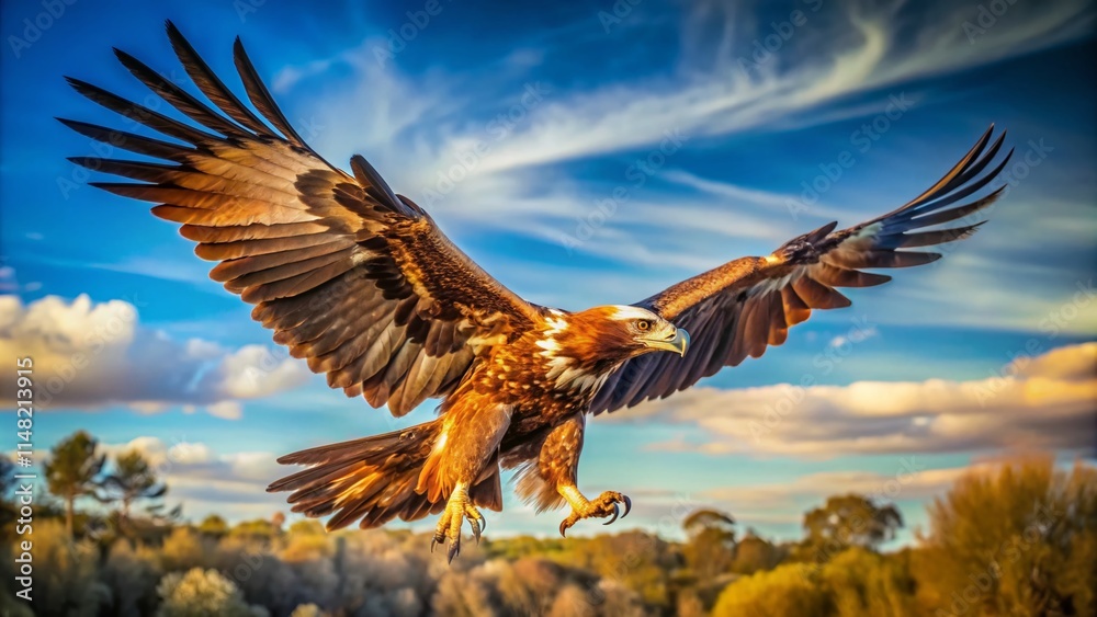 Obraz premium Majestic Wedge-tailed Eagle Soaring, Australian Bird of Prey, Wildlife Photography, Powerful Eagle, Nature Image, Wingspan, Bird in Flight, Australian Wildlife