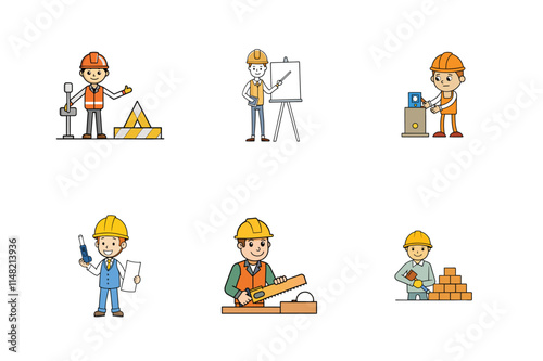 Set of Construction engineer working activities vector illustration