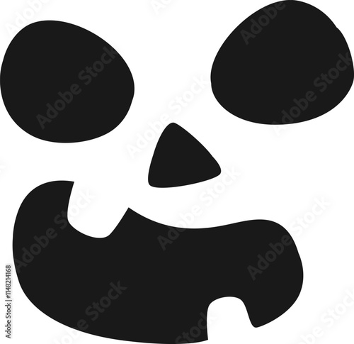 Minimalist black and white illustration of a halloween pumpkin carving showing a spooky face with wide open mouth, big round eyes and triangular nose