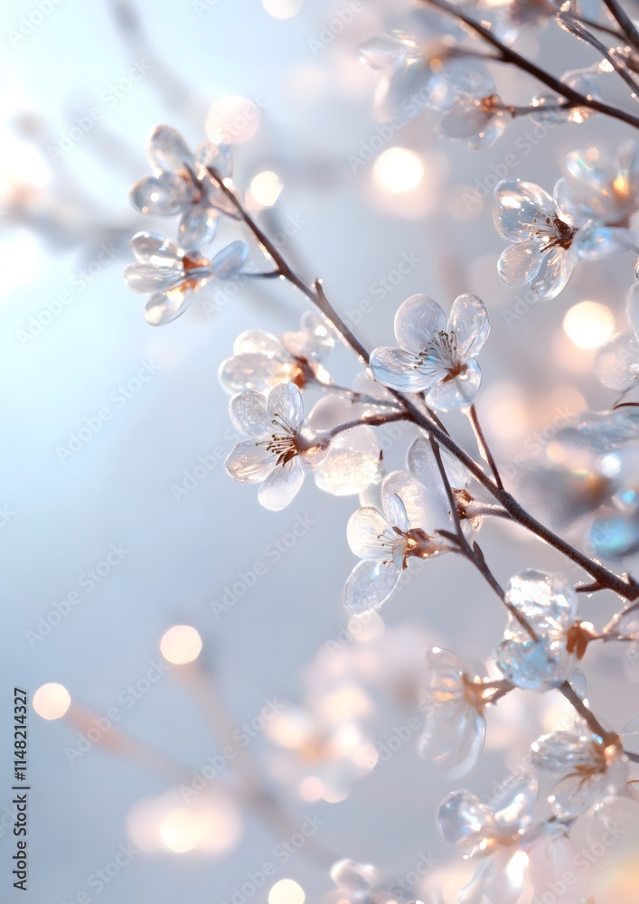 Crystalline winter branches with iridescent ice drops Crystalline winter branches with iridescent ice drops