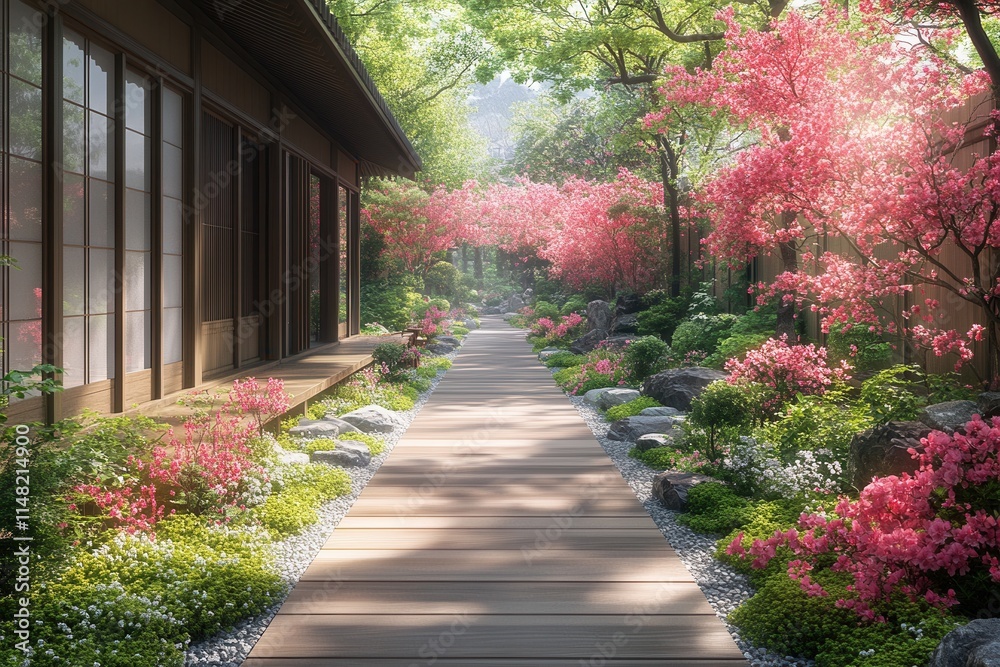A serene garden pathway adorned with blooming pink flowers and lush greenery. A serene garden pathway adorned with blooming pink flowers and lush greenery.