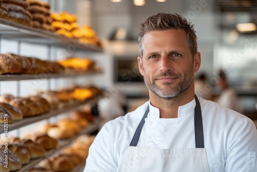 A focused baker in a white chef's coat stands confidently in a bakery, surrounded by freshly baked pastries, showcasing the art of baking and the passion for culinary excellence.