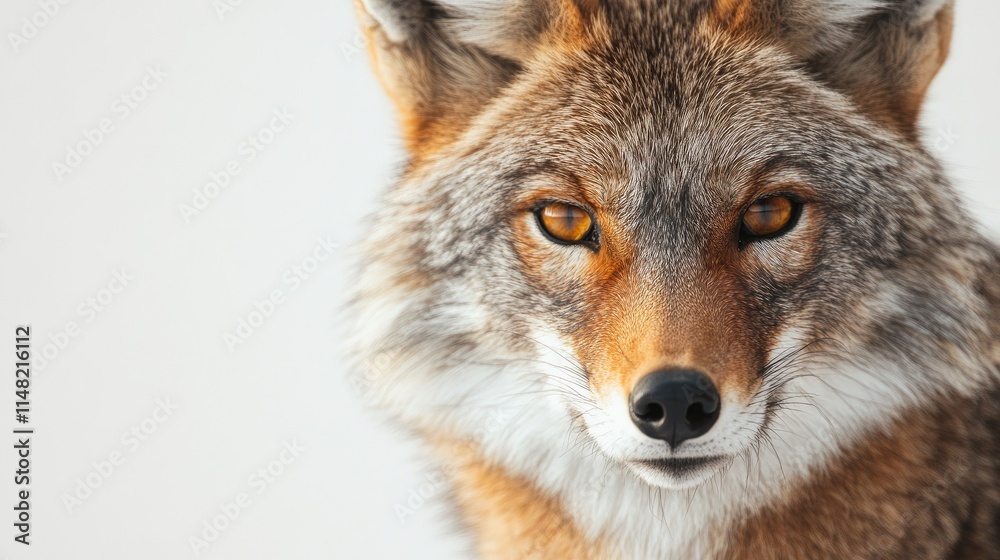 Captivating Close-Up of a Cunning Coyote Showcasing Its Piercing Eyes and Majestic Fur Texture Against a Soft Neutral Background Captivating Close-Up of a Cunning Coyote Showcasing Its Piercing Eyes and Majestic Fur Texture Against a Soft Neutral Background