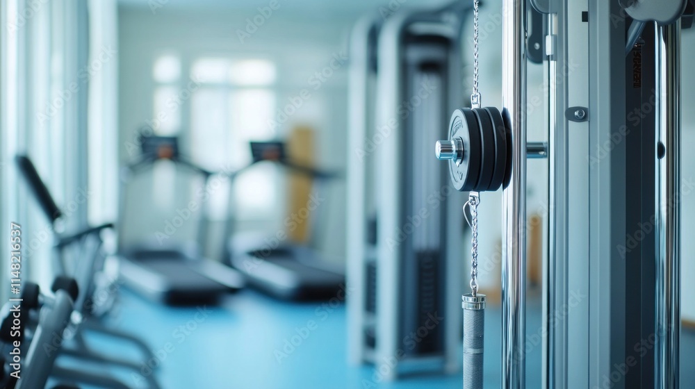 Fototapeta premium Modern gym interior with cable machine, treadmills, and exercise equipment.